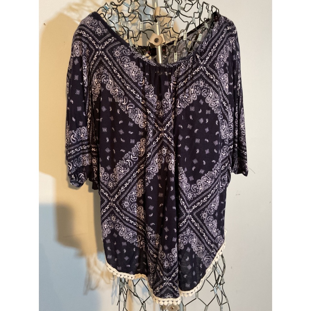 Annabelle USA Womens Paisley Bandana Print Pom Pom Trim Rayon Blouse Navy Blue M